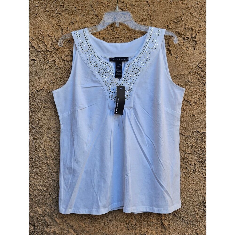 Josephine Chaus White Embellished V-Neck Tank Top Size L